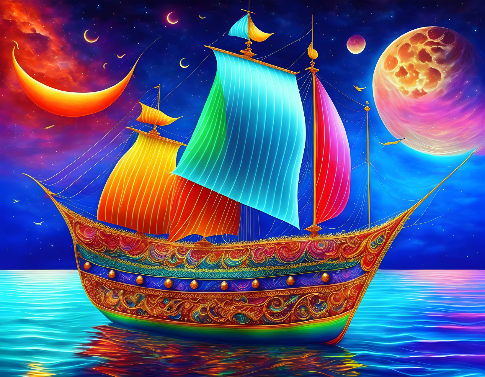 Colorful Sailboat Fantasy Artwork on Calm Sea with Starry Sky