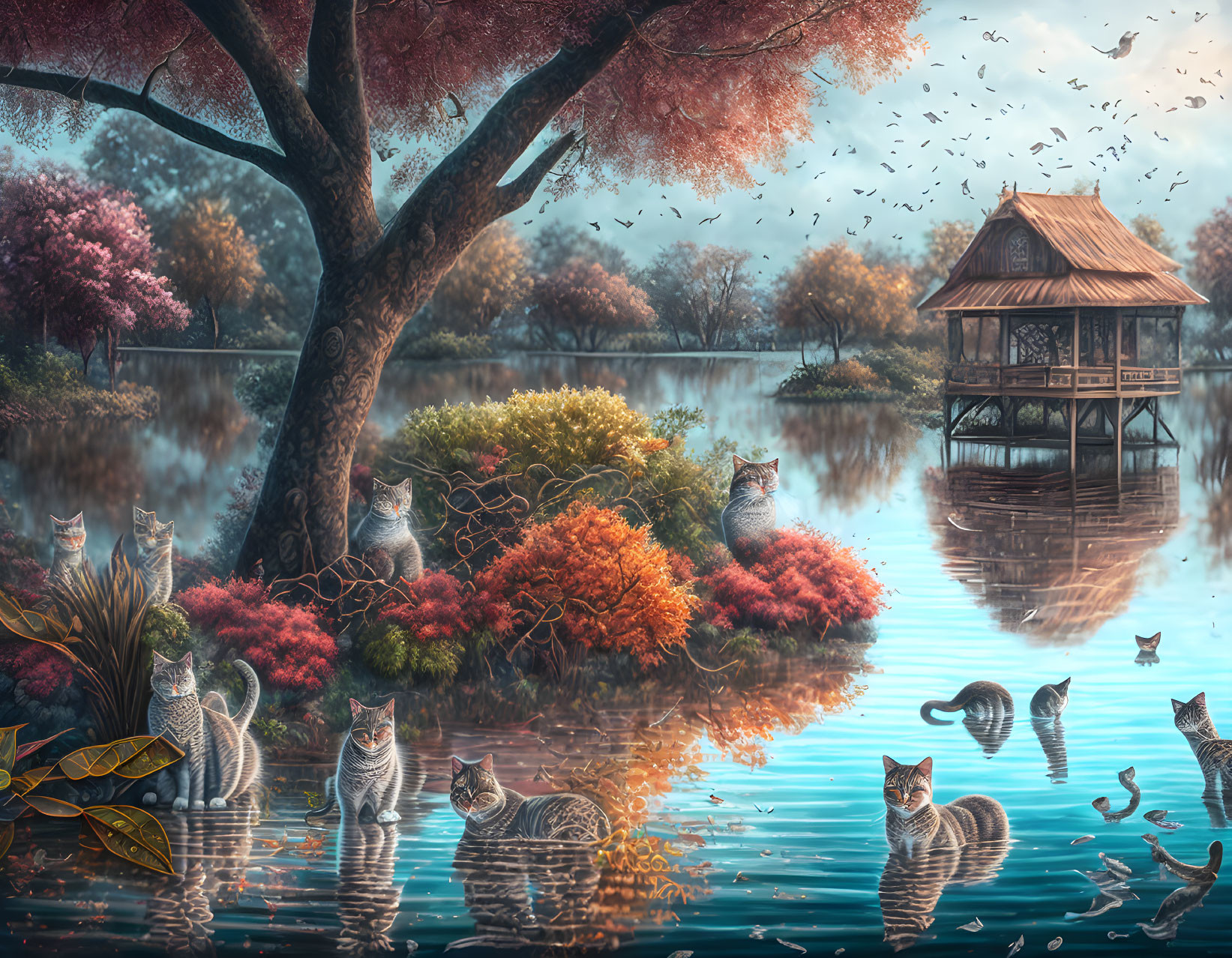 Tranquil scene: multiple cats by a lake, gazebo, autumn trees, birds in mist