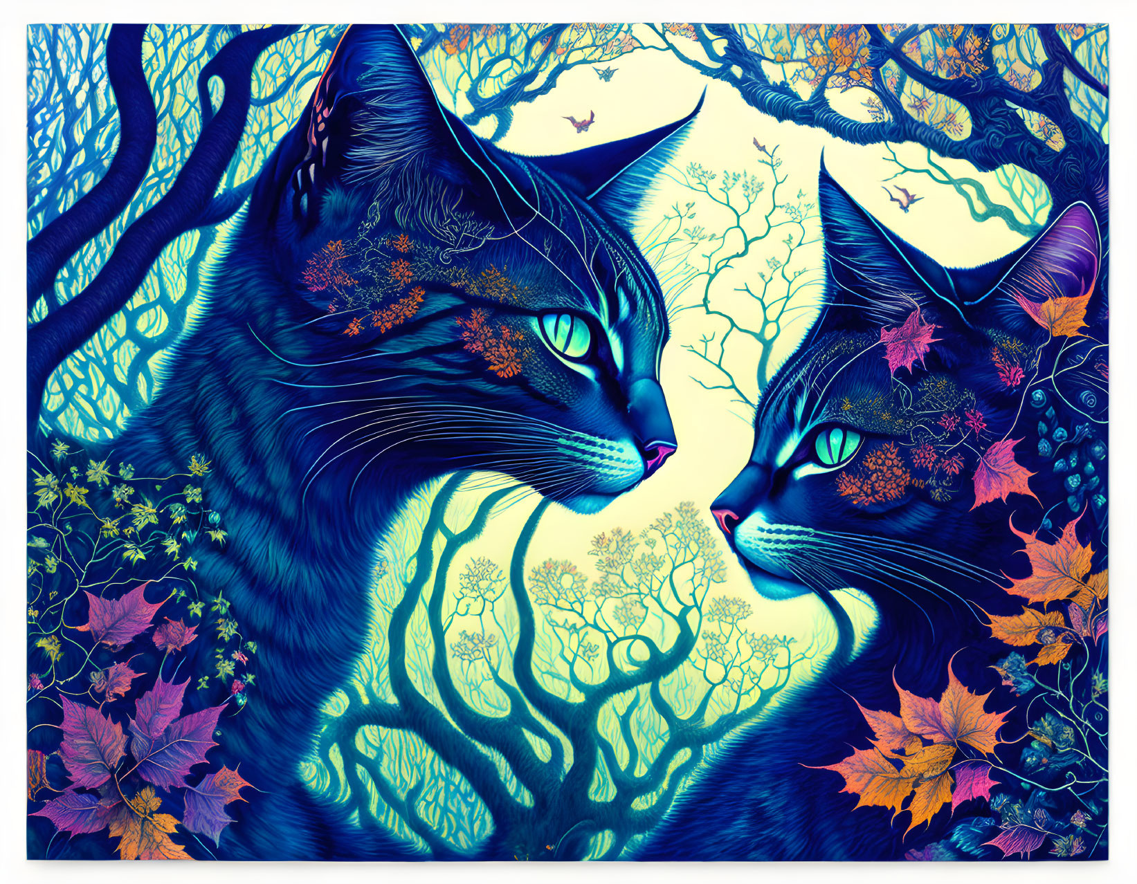 Stylized cats with intricate patterns in autumn setting