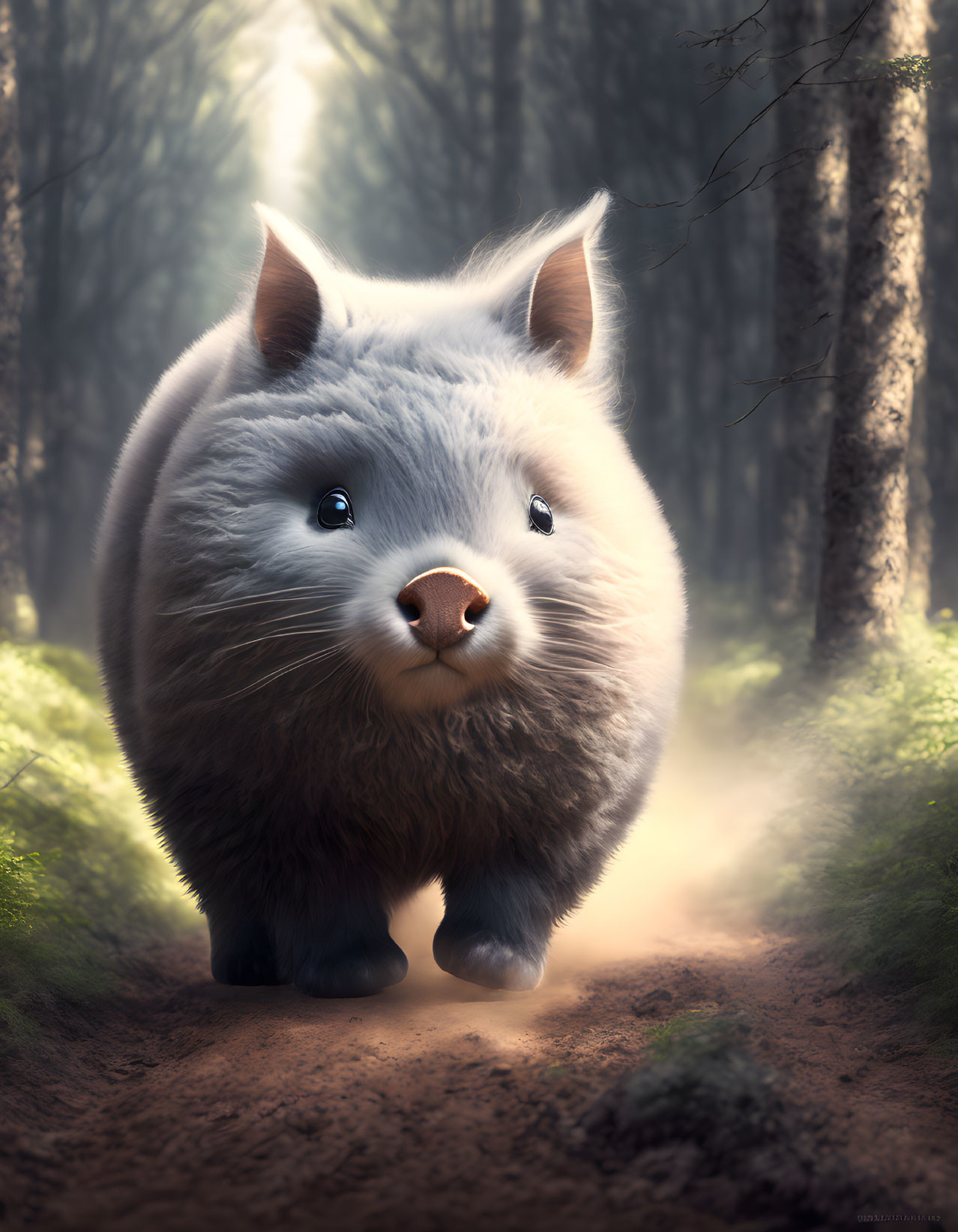 Fluffy gray cat-faced creature on forest path with sunbeams