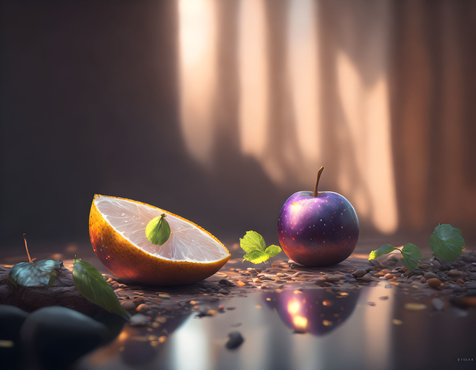 Tranquil still life with orange slice, purple apple, and pebbles in misty forest