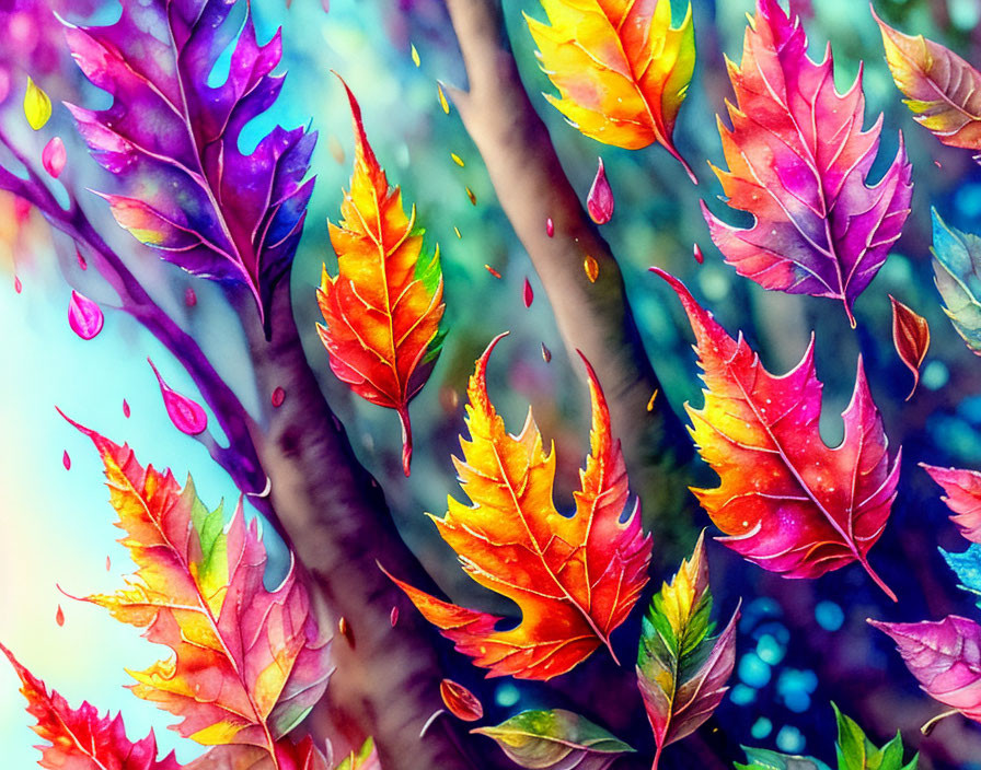 Colorful autumn leaves with water droplets on soft background