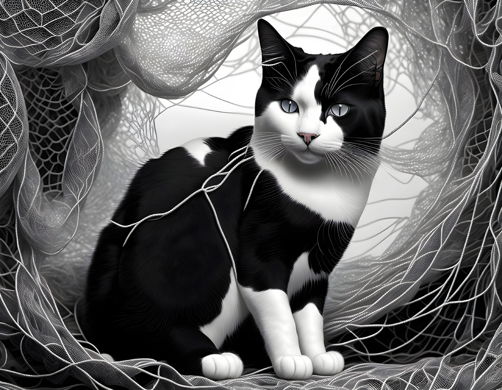 Black and white cat with unique markings surrounded by delicate white threads