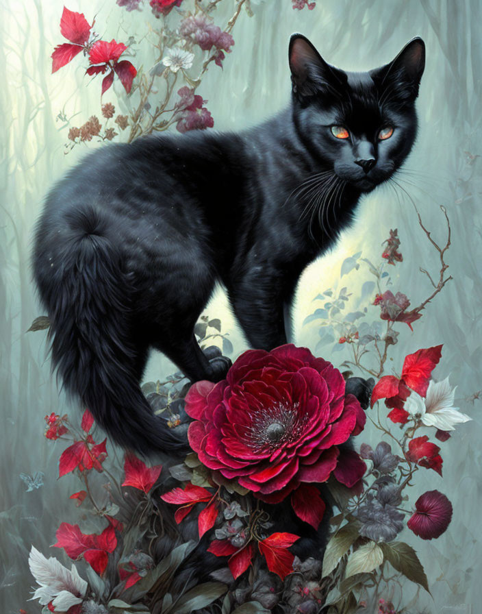 Black Cat with Yellow Eyes in Red Flower Garden Setting