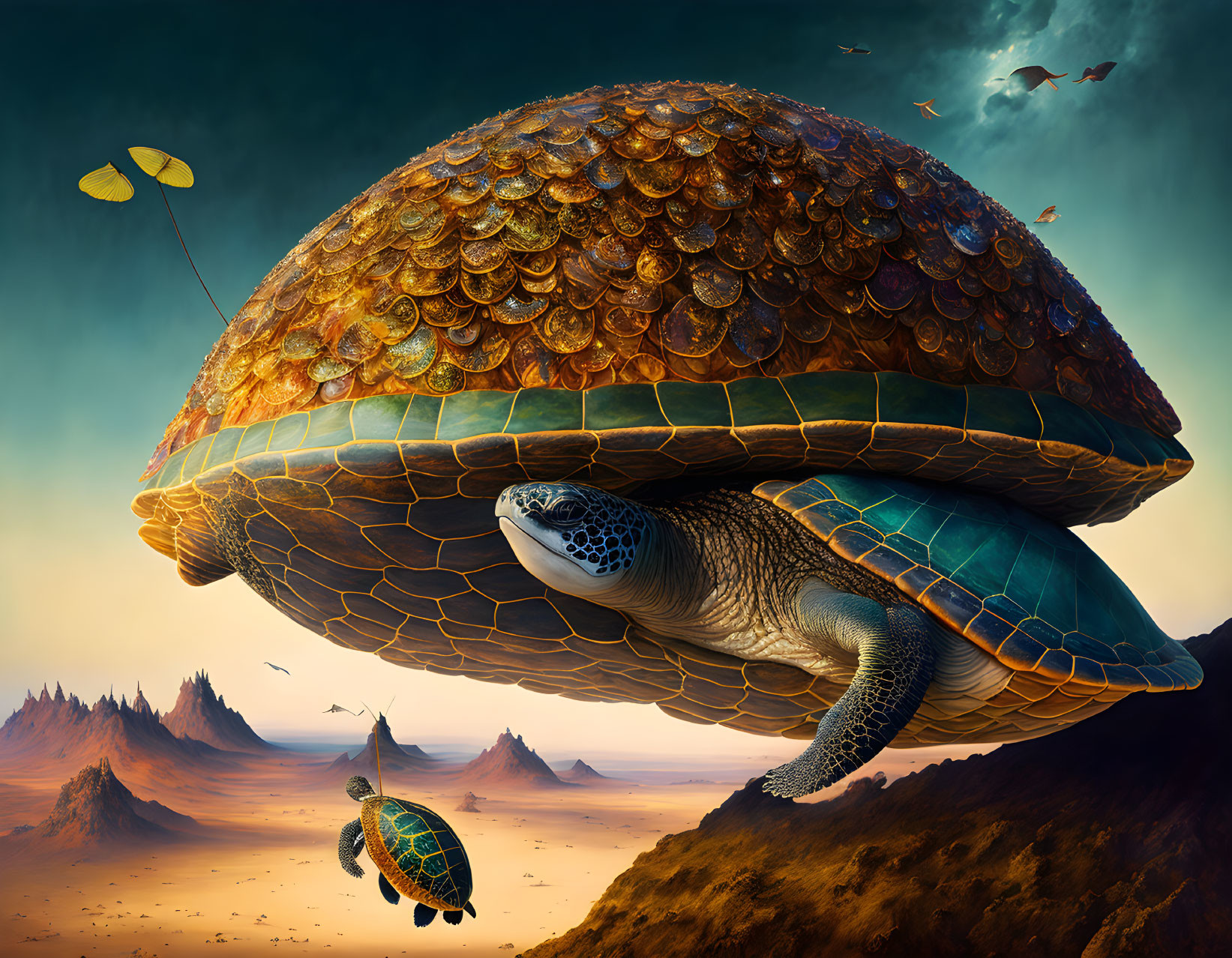 Giant flying turtle with textured shell and yellow umbrella in desert landscape