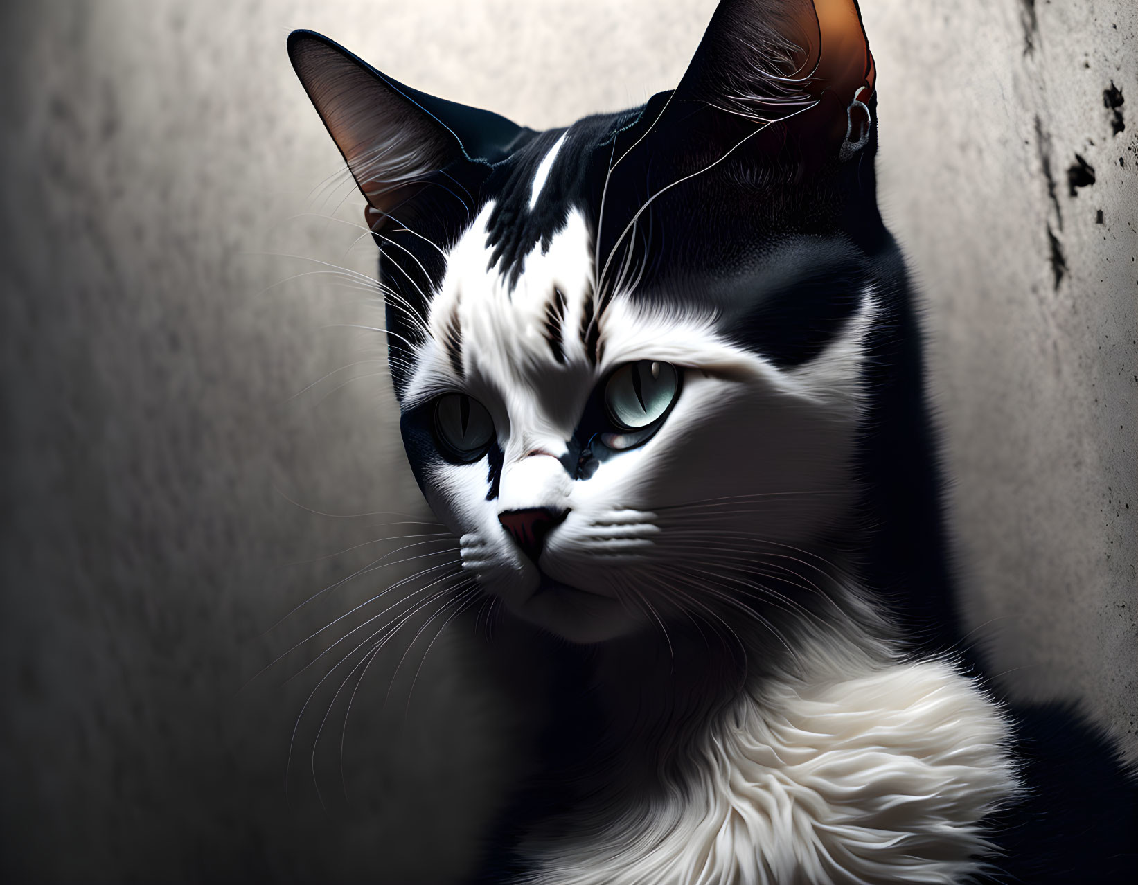 Striking blue-eyed black and white cat in dramatic lighting