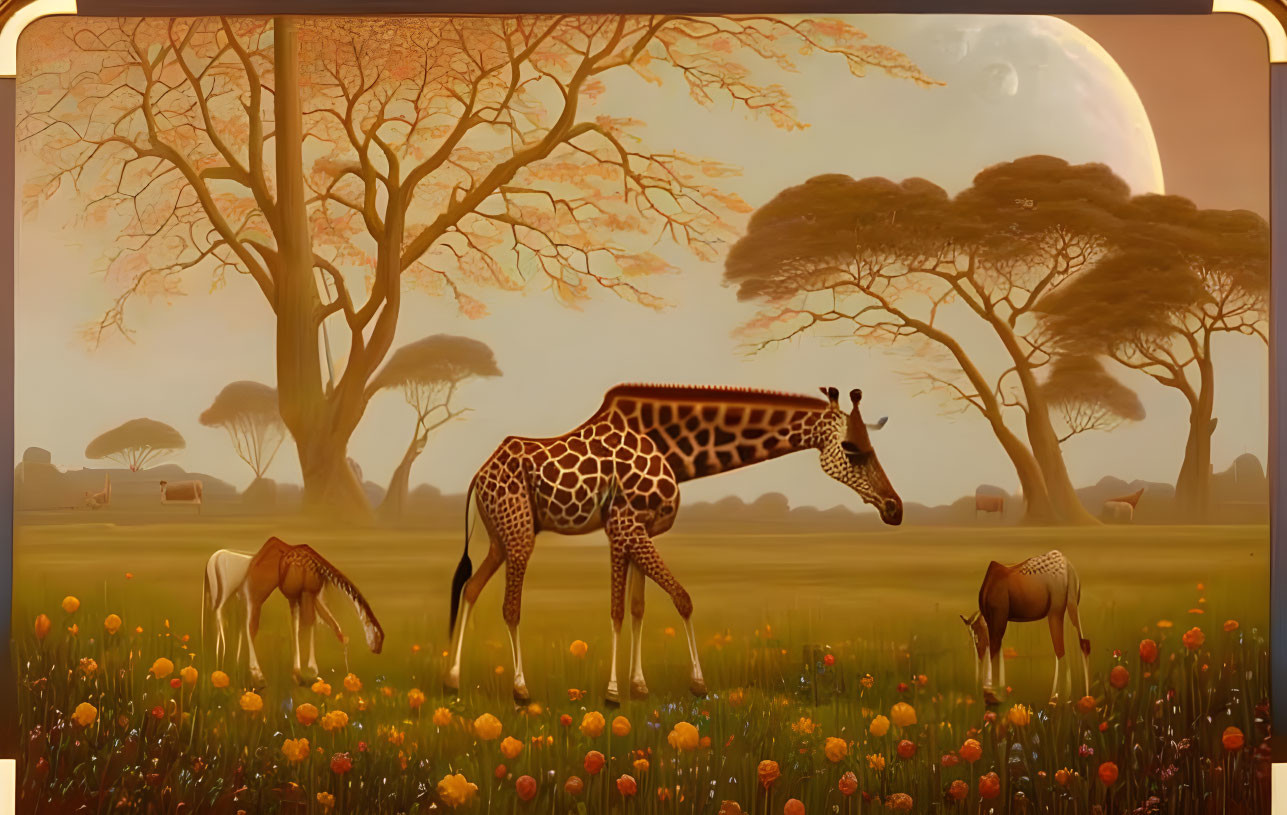 Savanna landscape at dusk with giraffe, zebras, flowers, moon, and acacia