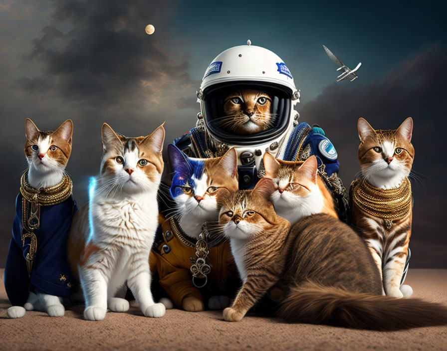 Whimsical cat astronaut surrounded by regal cats in twilight scene