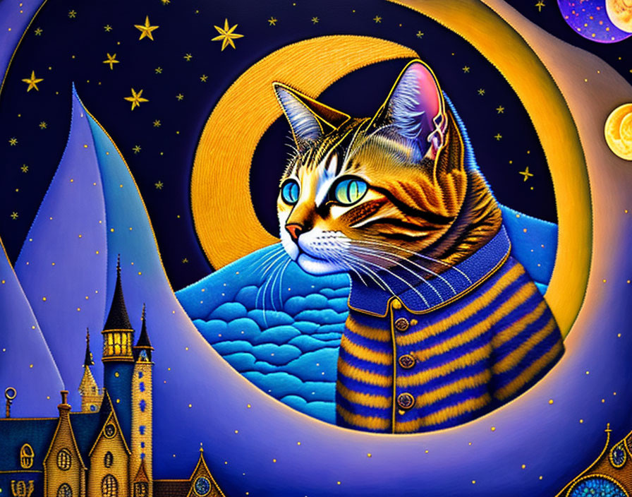 Colorful Cat Artwork in Striped Outfit Against Fantasy Night Sky