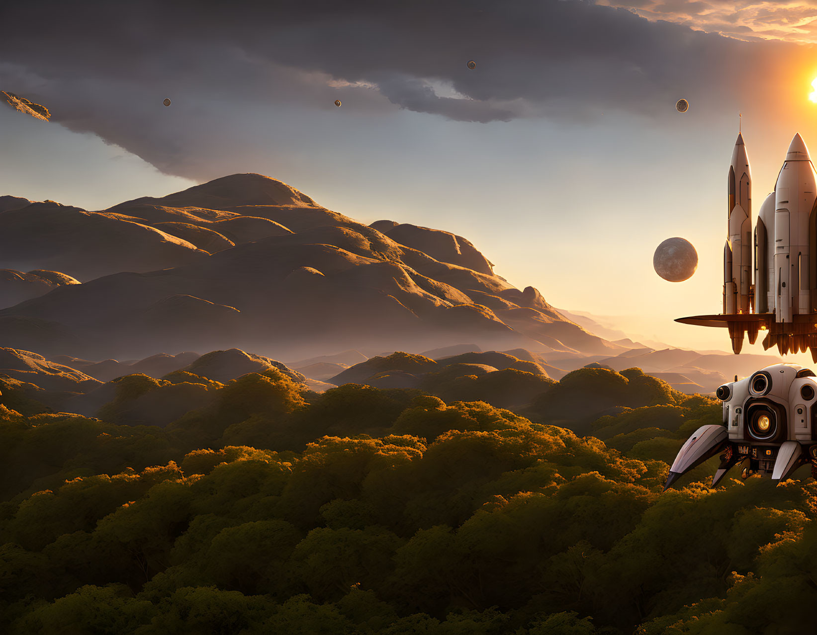 Spaceship on lush landscape at sunrise with visible planets in sky