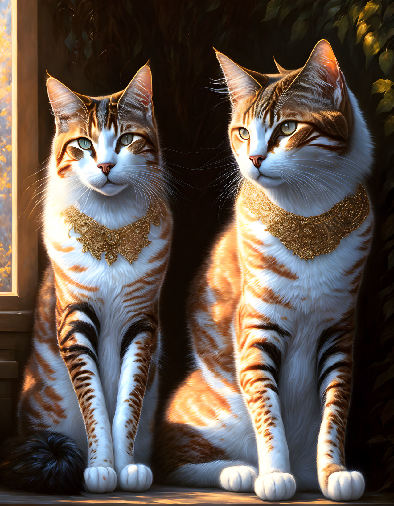 Regal cats with gold collars in sunlight against nature backdrop