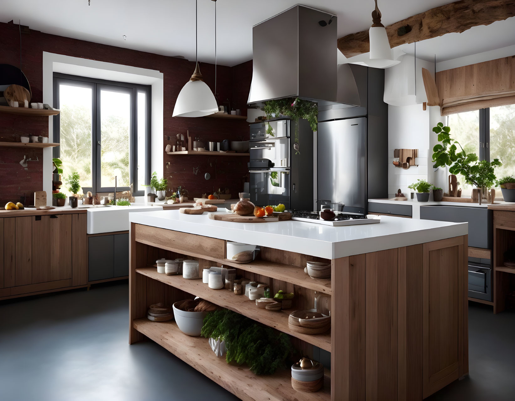 Modern spacious kitchen with wooden cabinetry, stainless steel appliances, central island, white pendant lights