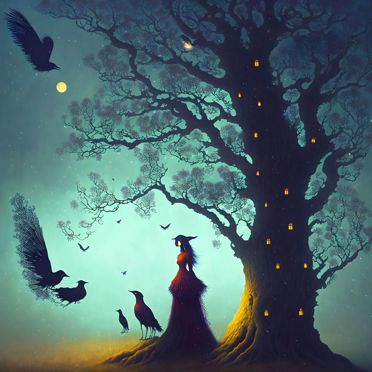 Illustration of oversized bird chatting with smaller birds under tree with lanterns, crows in dusky