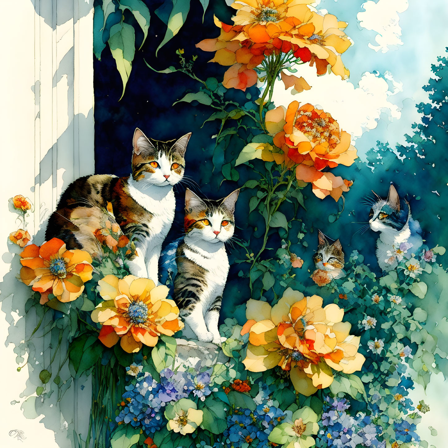 Four cats on blooming flower ledge with orange blossoms and green foliage