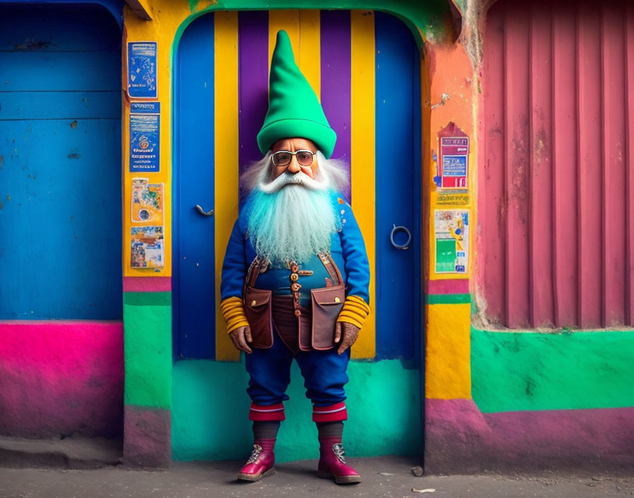 Colorful Gnome Costume with Long White Beard in Front of Vibrantly Painted Doorway