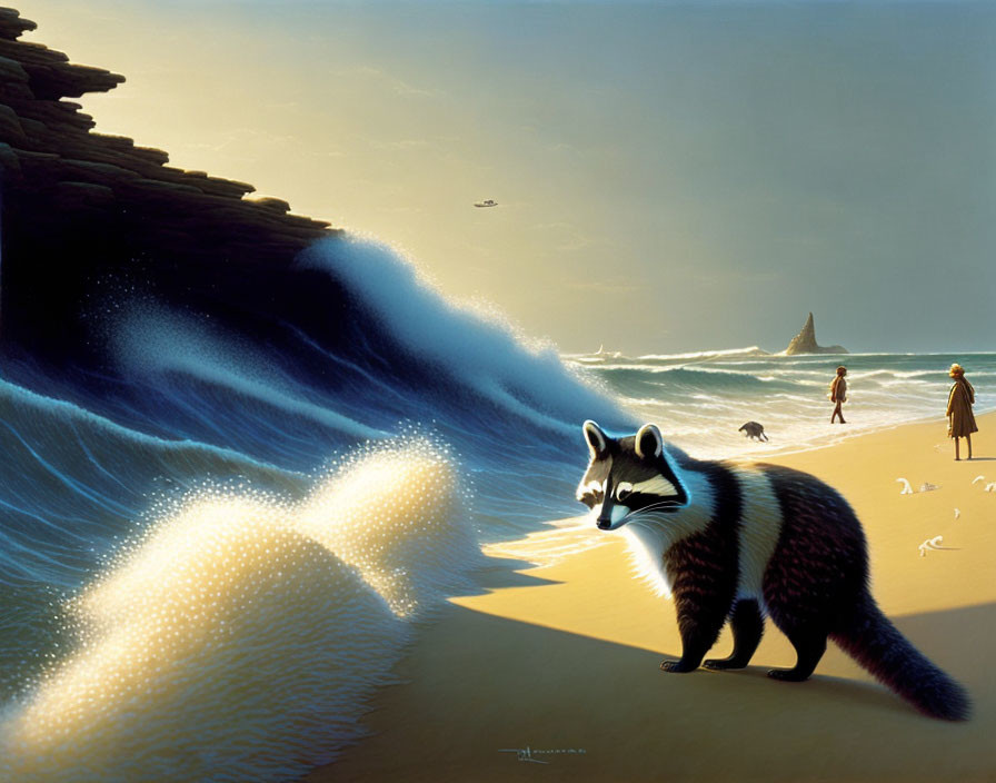 Raccoon on sandy beach with crashing waves, couple walking, flying seagull, sunlit