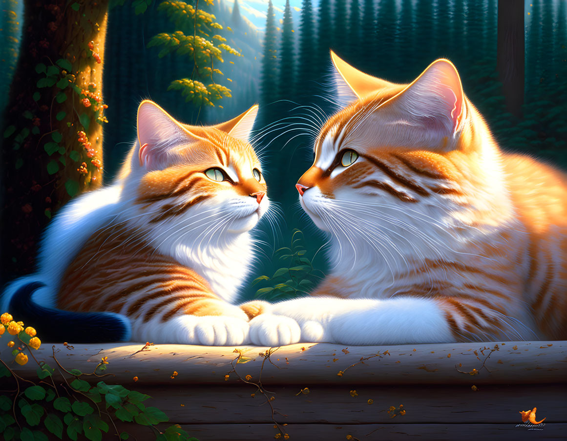 Orange Tabby Cats with White Markings on Log in Sunlit Forest