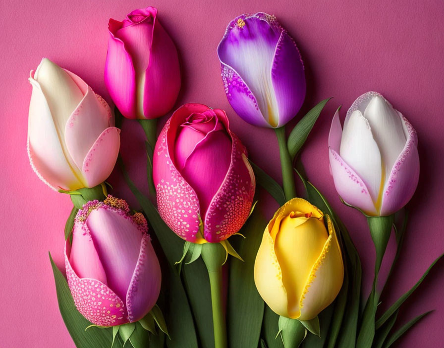 Vibrant tulips with unique dotted patterns on pink background