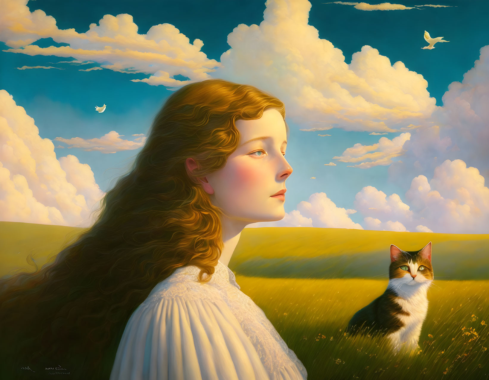 Tranquil painting of woman with flowing hair and cat in nature