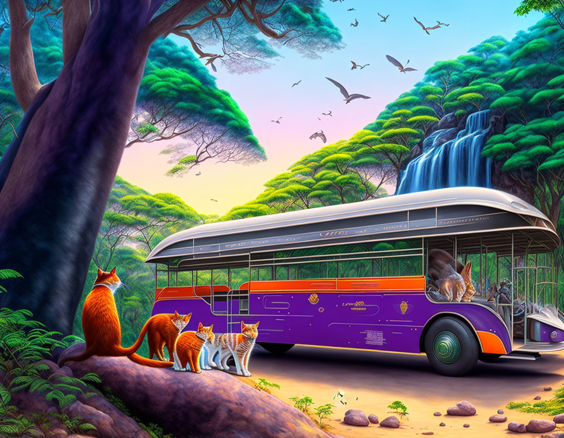 Colorful illustration of fantastical forest with waterfall, purple bus, cats, trees, and birds