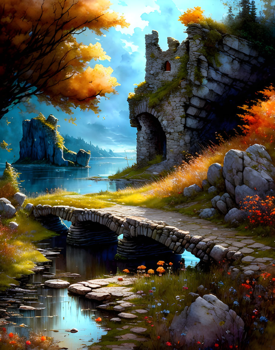 Vibrant fantasy landscape with ancient stone archway and autumnal foliage