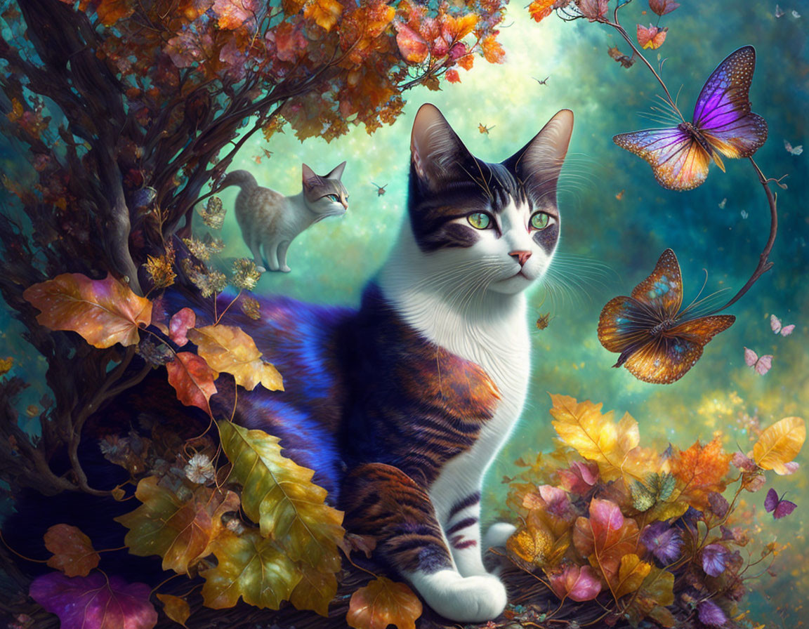 Colorful Artwork: Black and White Cat in Autumn Setting