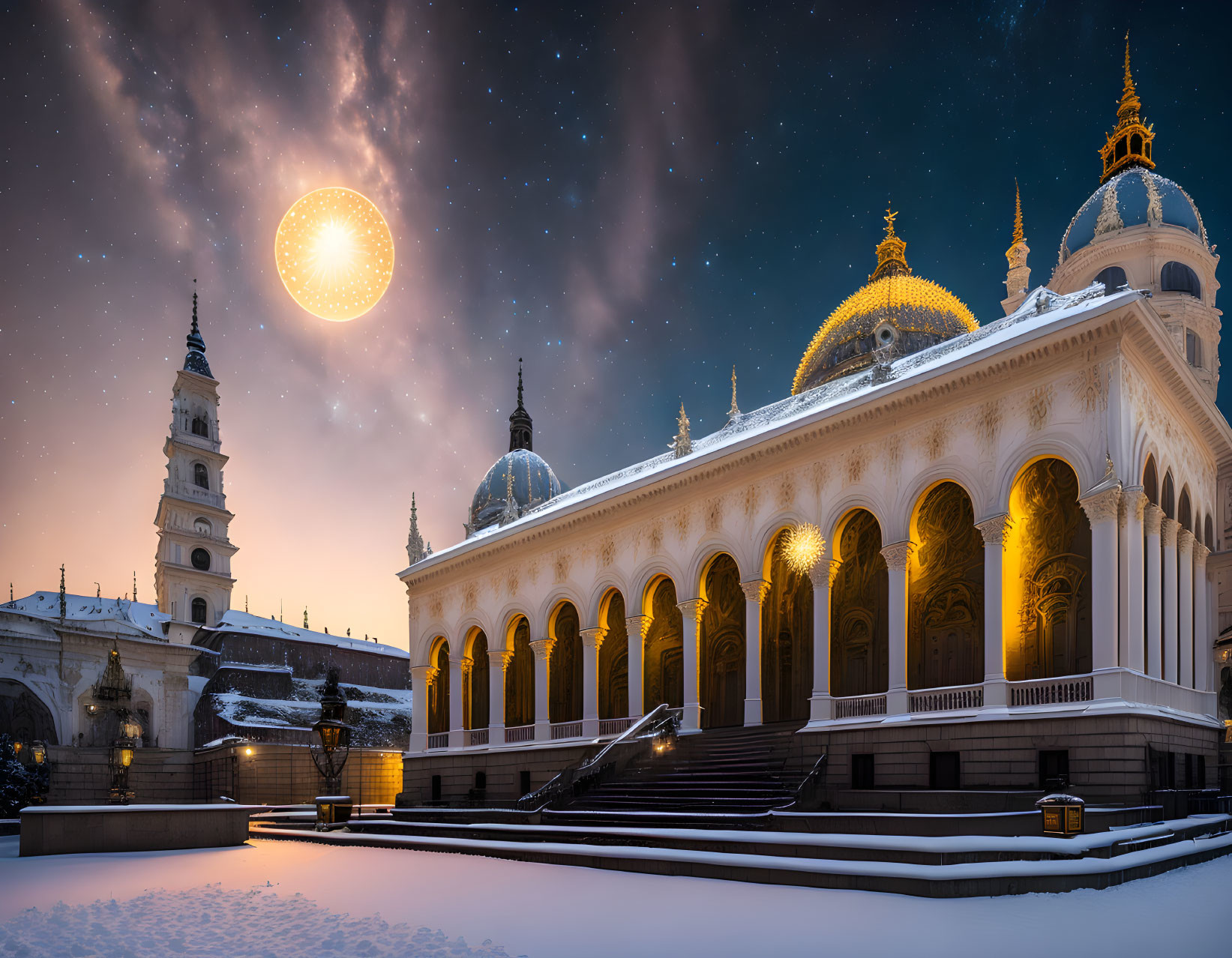 Majestic building with golden domes under night sky