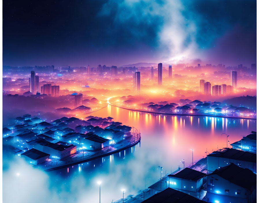 Cityscape at Night with Blue and Orange Hues, Skyscrapers, Water Reflections