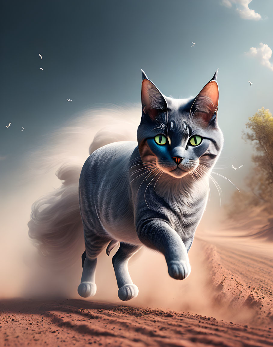 Grey Cat with Blue Eyes Running on Dusty Trail under Dramatic Sky