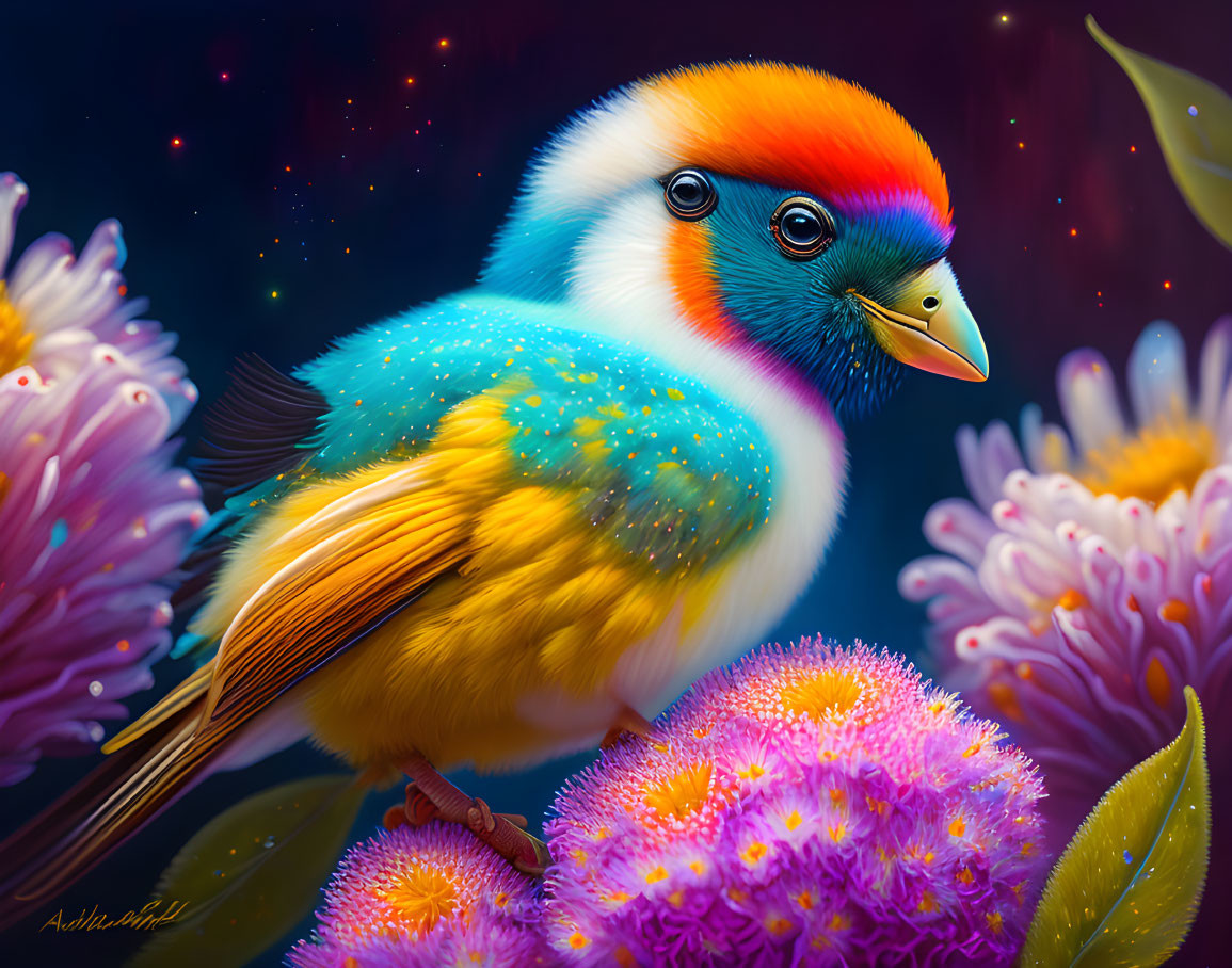 Colorful Fantastical Bird Perched on Purple Flowers