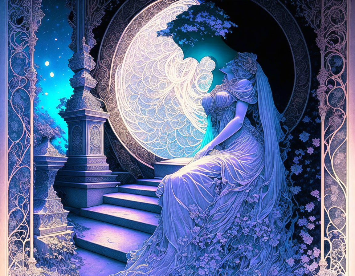 Woman in flowing gown gazes at full moon in starlit sky by ornate doorway