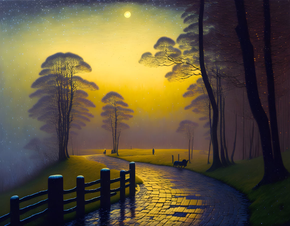 Moonlit pathway with glowing trees and figure walking dog under starry sky