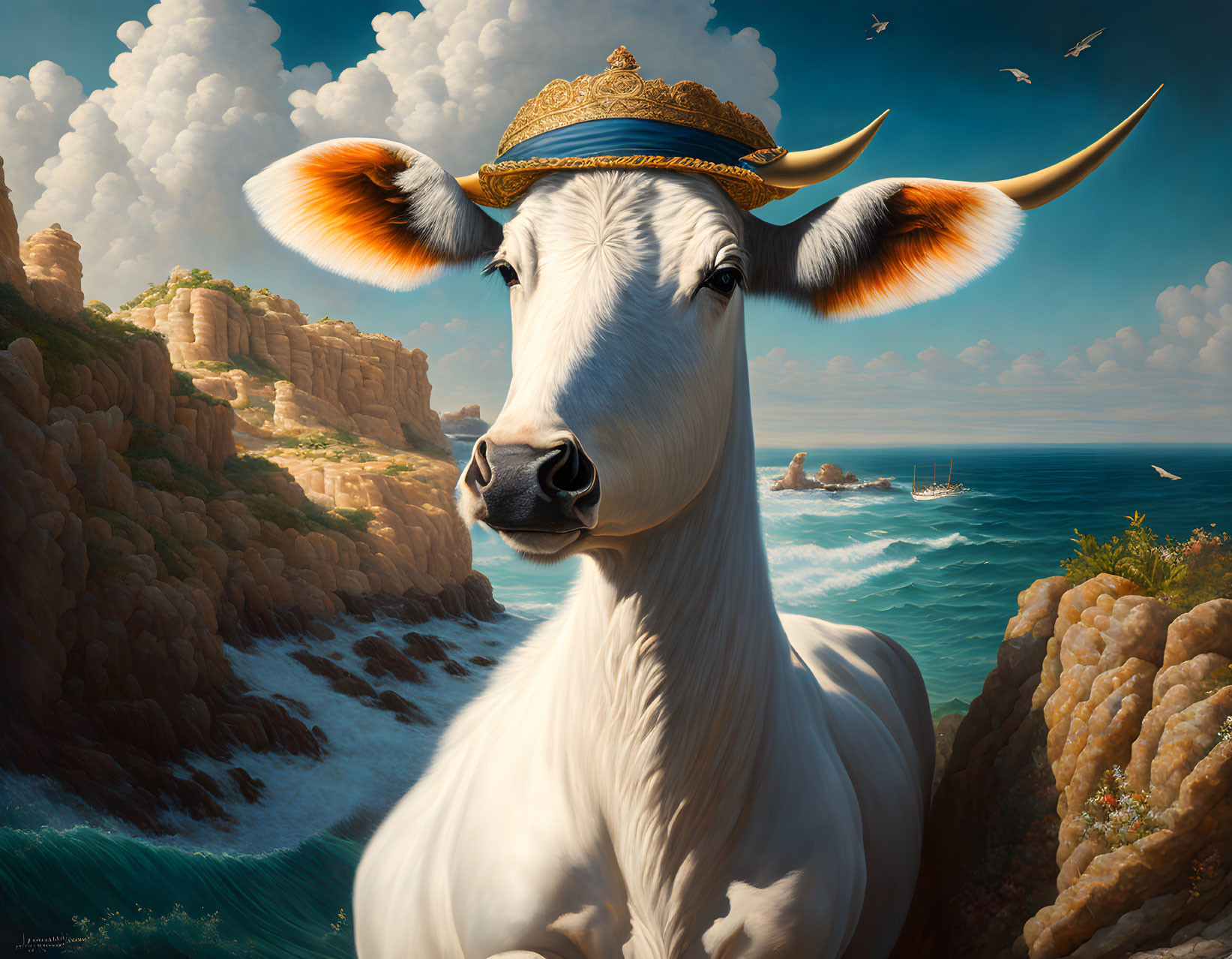 White Bull with Golden Horns and Hat by Seaside Cliff under Cloudy Sky