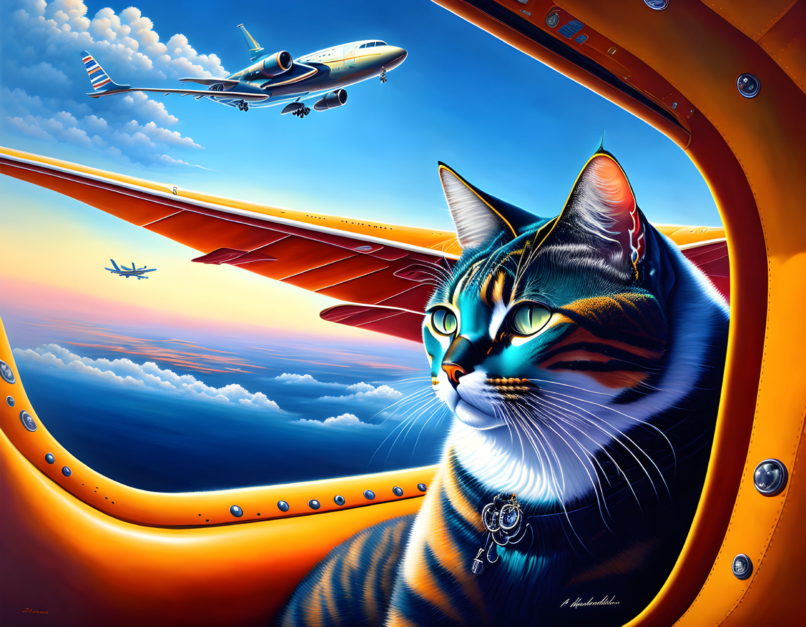 Colorful oversized cat with collar looking out airplane window at sky filled with flying planes