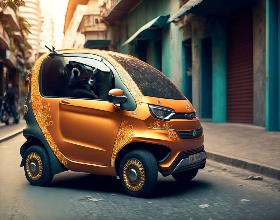 Compact Orange Electric Car with Raccoon Passenger on City Street