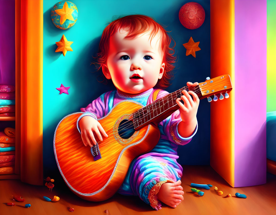 Vibrant illustration of red-haired baby playing guitar