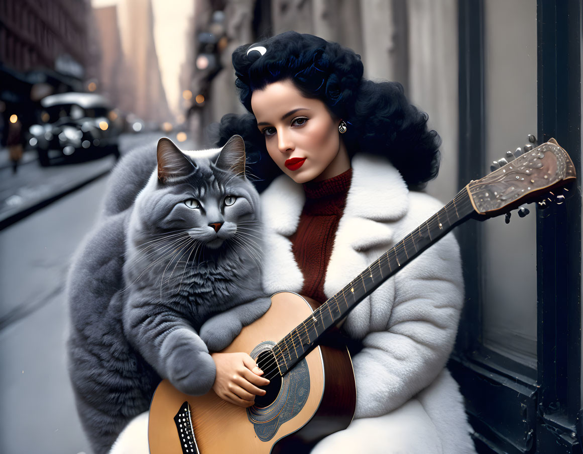 Stylized image of elegant woman with guitar and anthropomorphic cat on city street