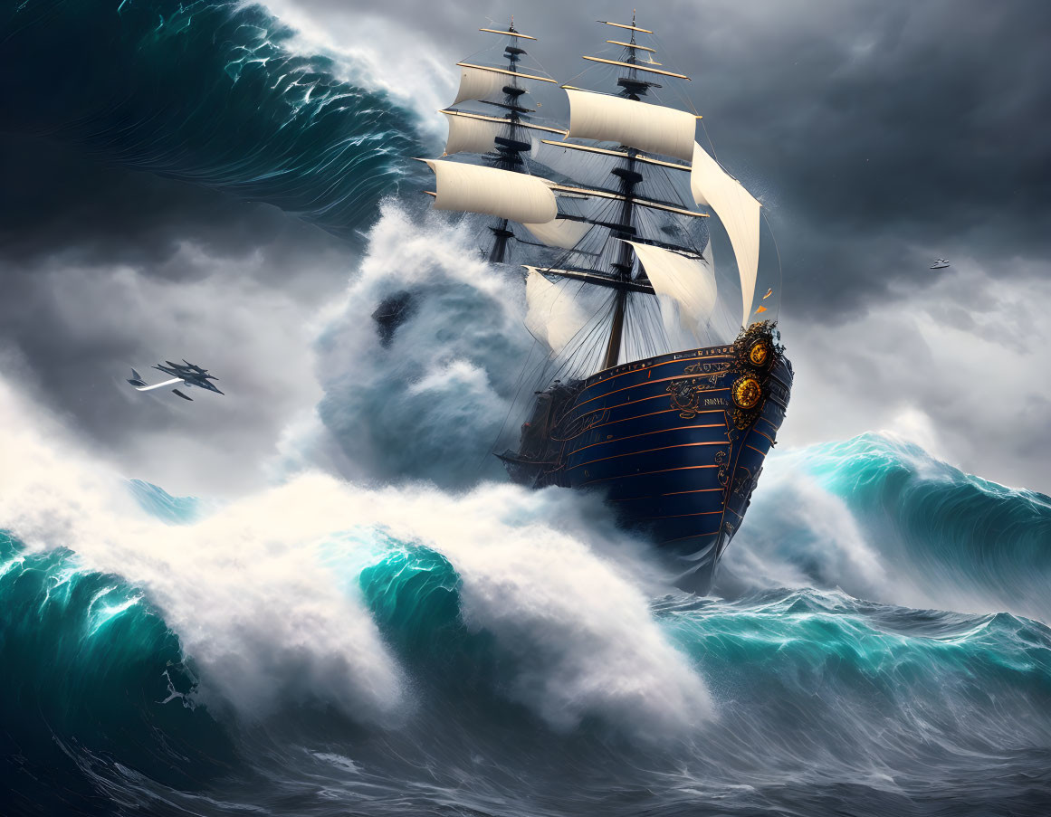 Tall ship braves stormy seas with seagulls nearby