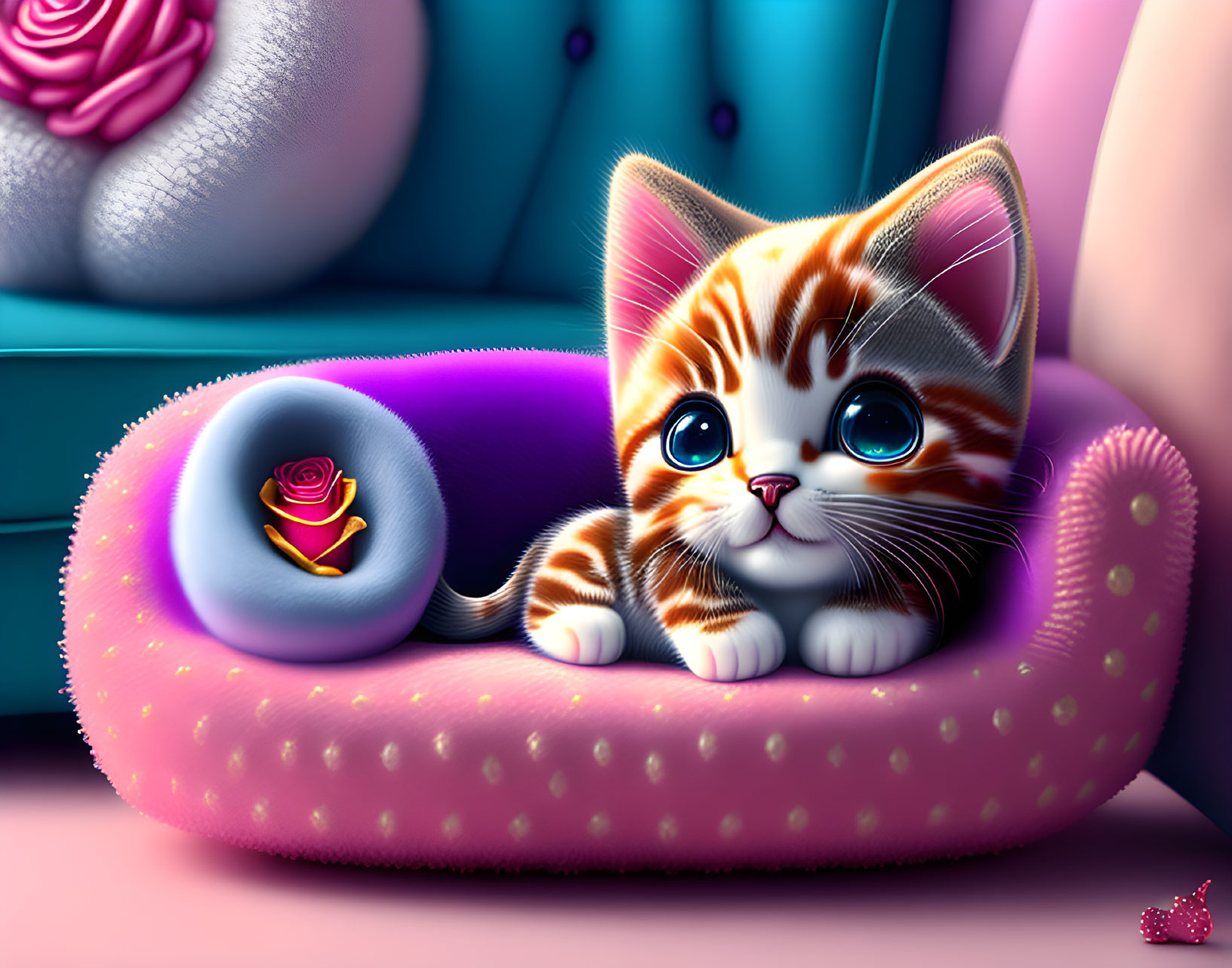 Orange and White Striped Kitten with Blue Eyes on Purple Cushion with Hat and Rose