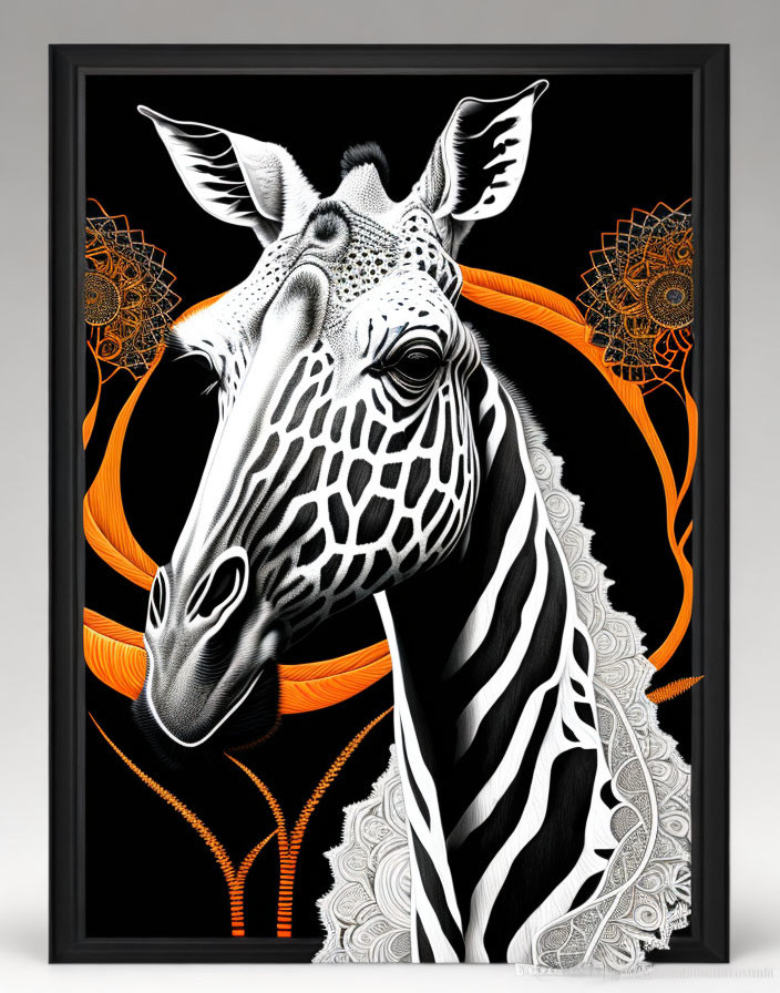 Stylized black and white giraffe illustration with orange floral accents