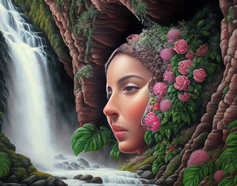 Surreal illustration blending woman's face with lush waterfall landscape