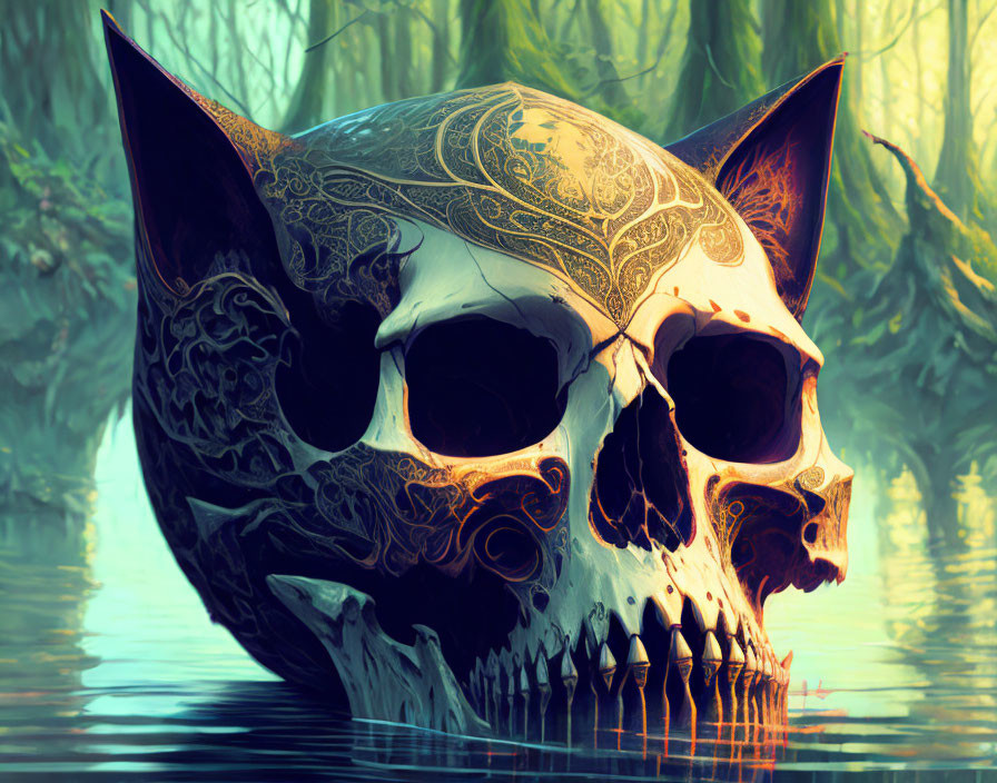 Ornate Cat Skull Submerged in Water with Mystical Patterns