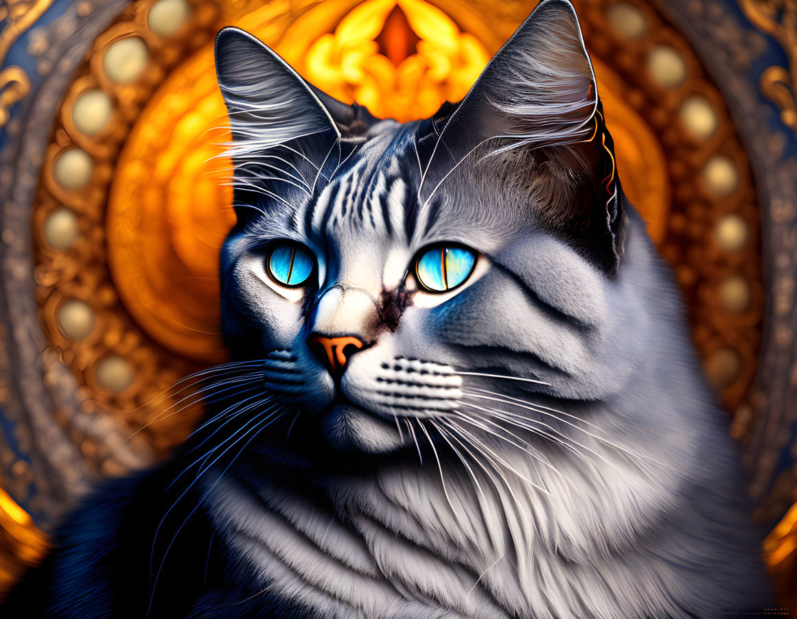 Blue-eyed cat digital art against golden mandala backdrop