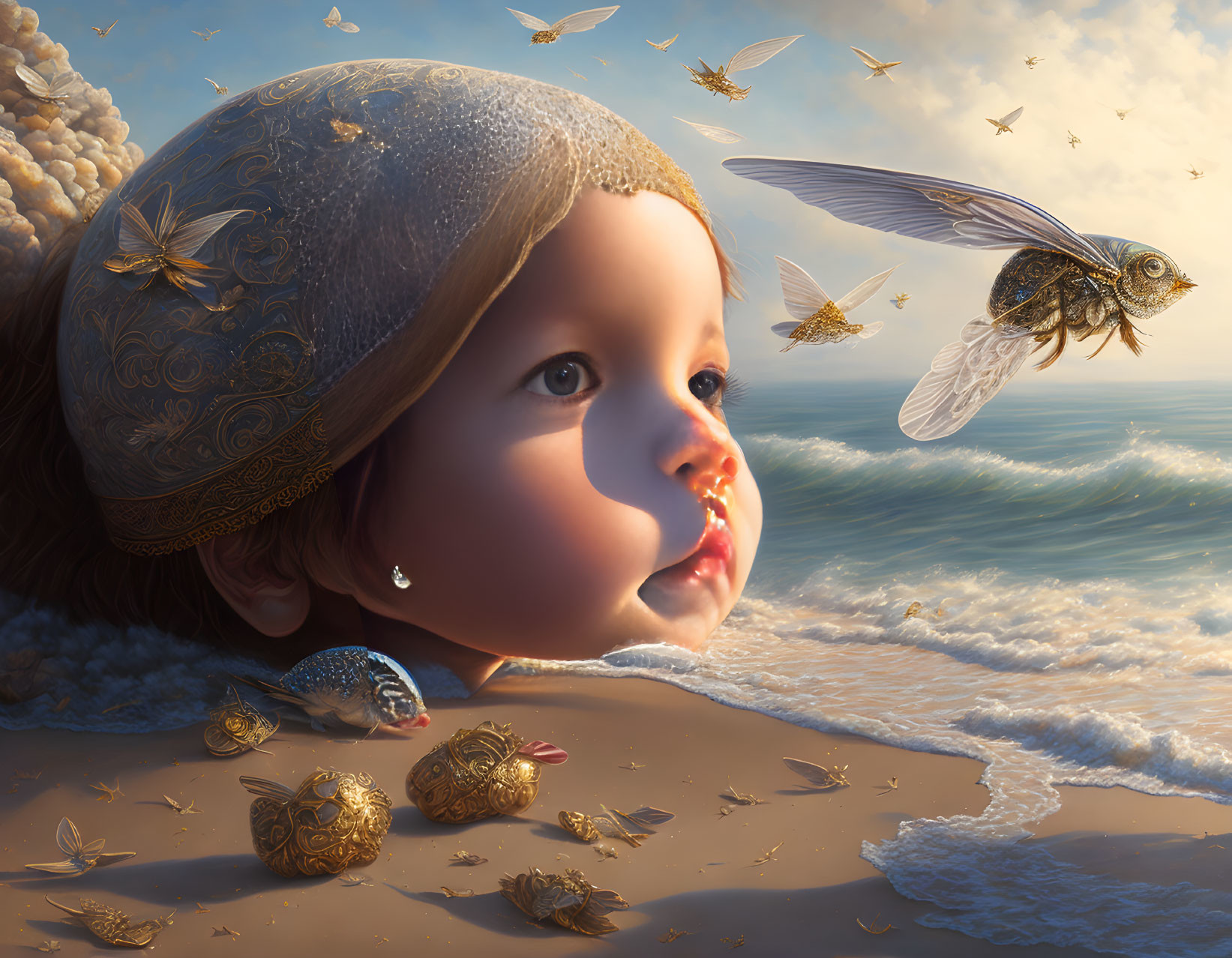 Child with bejeweled cap gazes at gold mechanical birds by seaside