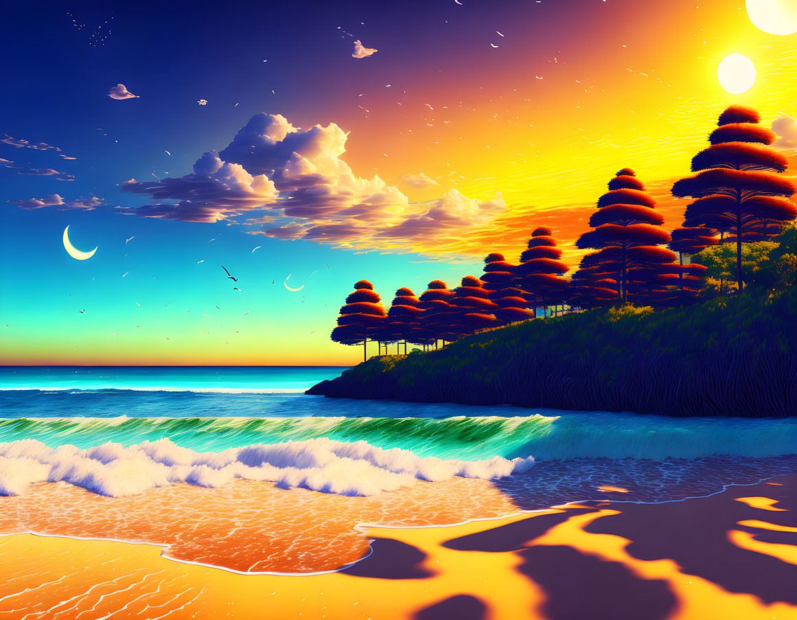 Colorful sunset beach scene with dual celestial bodies, birds, and lush coastal vegetation.