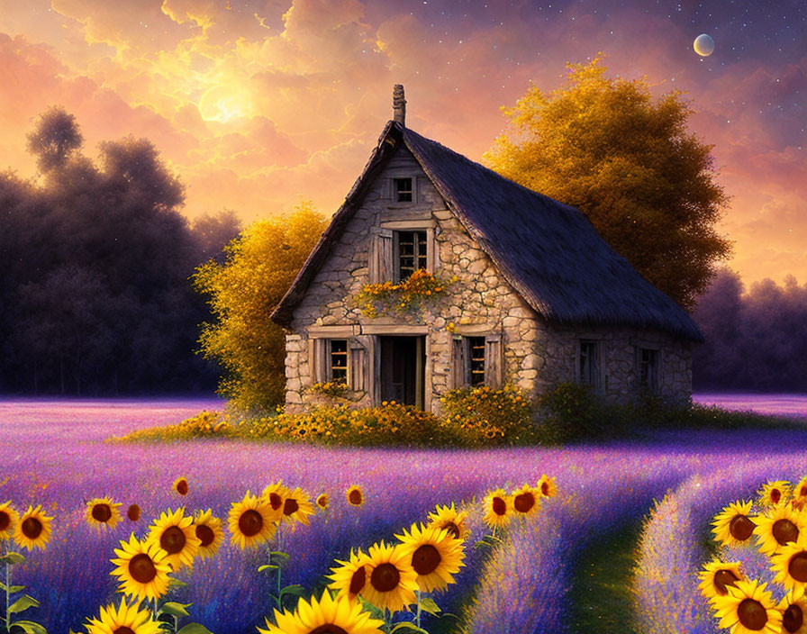 Stone cottage with thatched roof in sunflower field under twilight sky