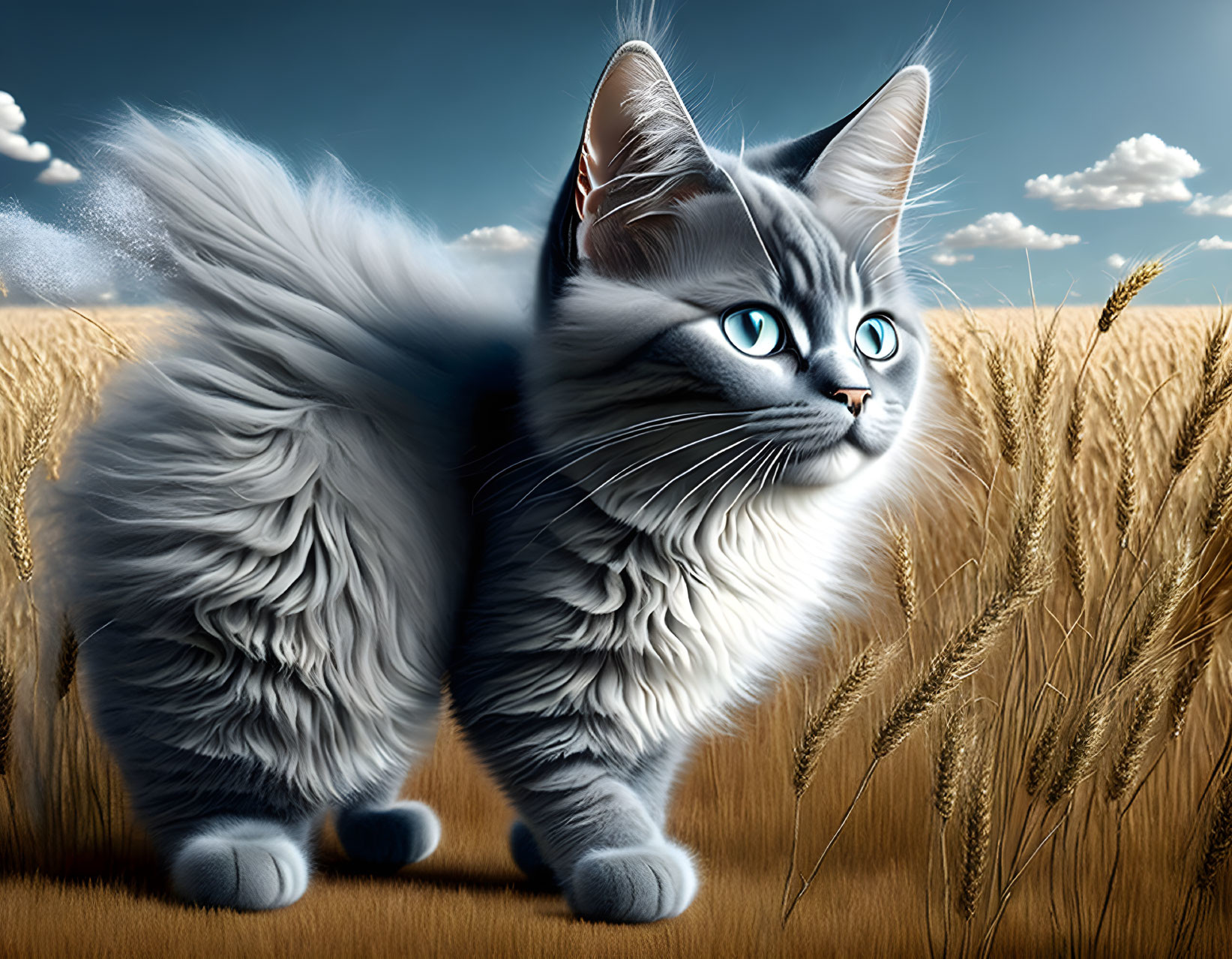 Fluffy grey cat with blue eyes in golden wheat field under blue sky