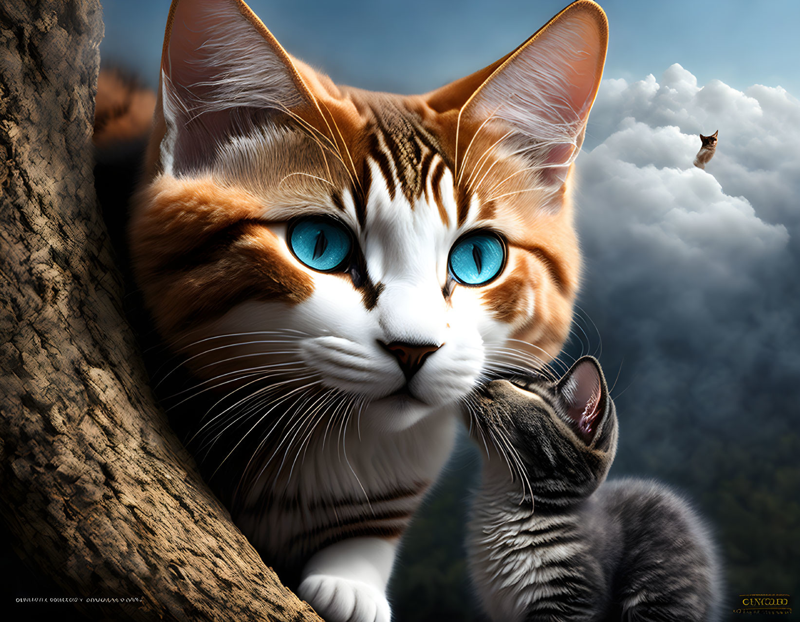 Striking blue-eyed cat and kitten in nature scene