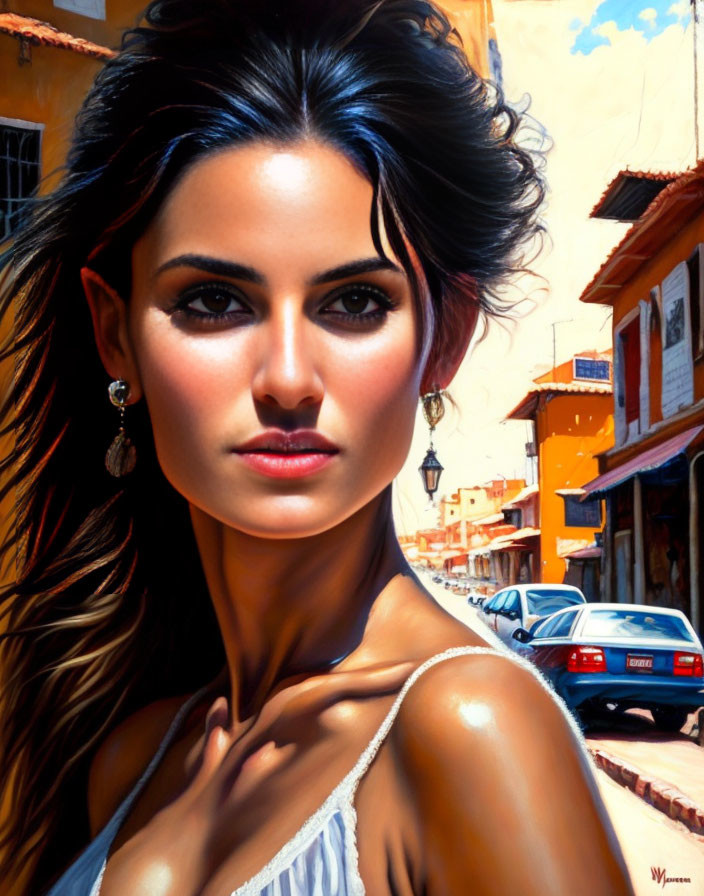 Realistic painting of woman with dark hair in white top on sunlit street