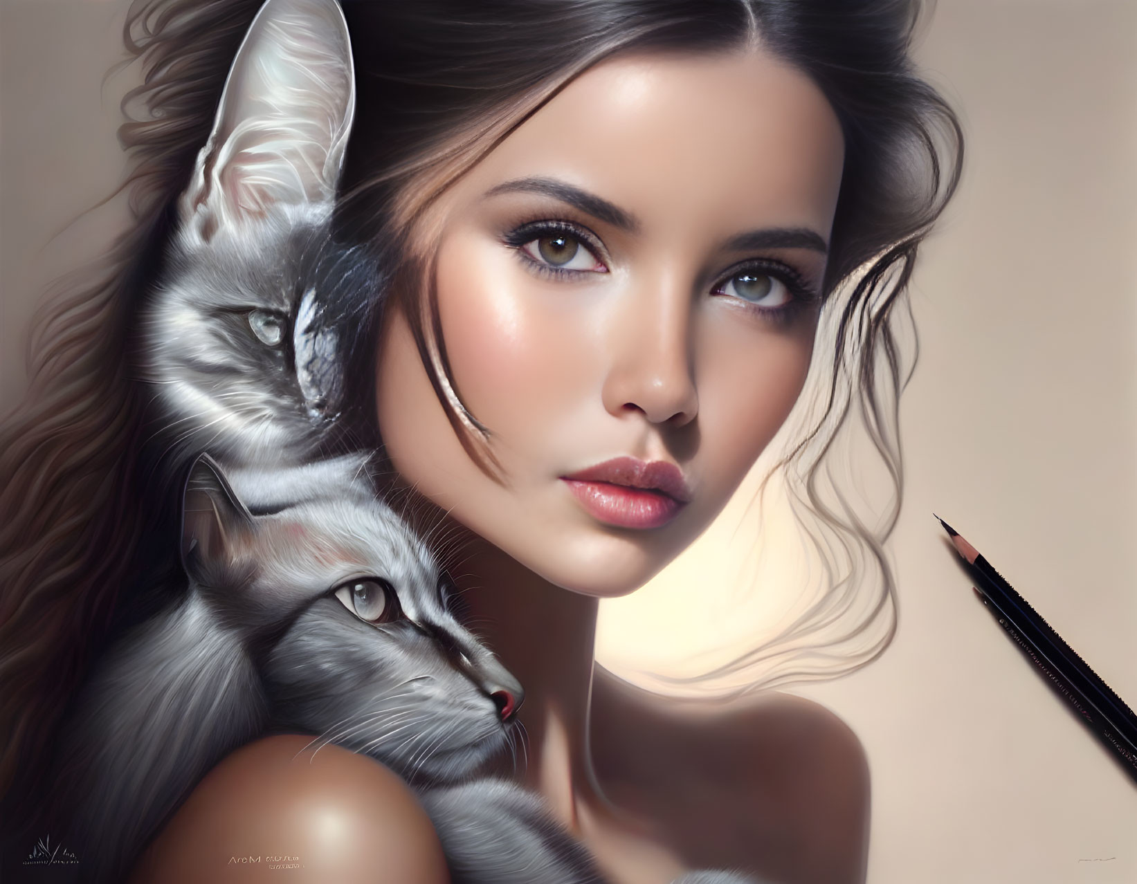 Woman with Wavy Hair and Cat in Digital Painting